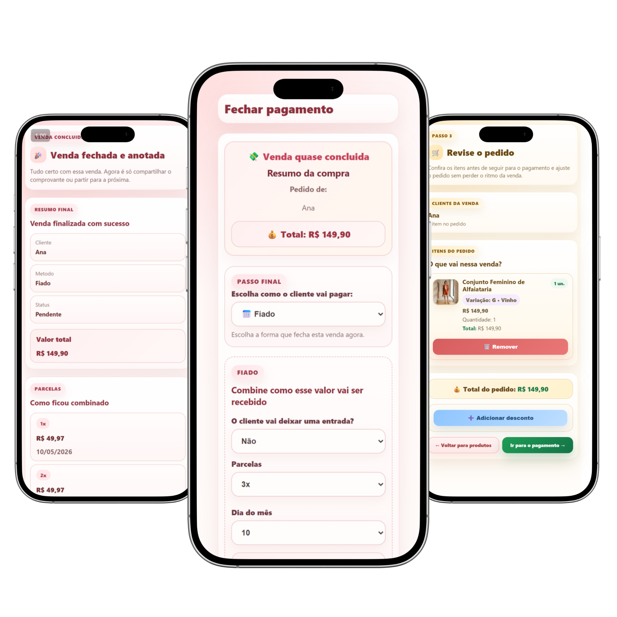 Mockup do fluxo de registrar uma venda no Tá no Caderninho